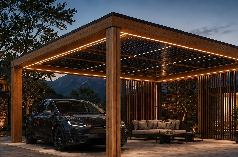 Carport solaire Signature 36 en bois massif, véhicule électrique et salon extérieur au crépuscule